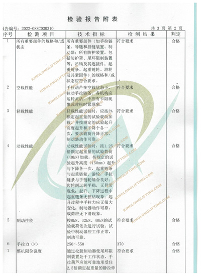 重庆凯荣机械有限责任公司手拉葫芦检验报告